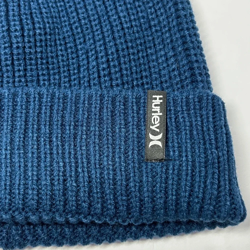 Hurley‎ Mens Max Cuff 2.0 Beanie Blue Ribbed Knit Cuffed Hat Winter Tossle Cap